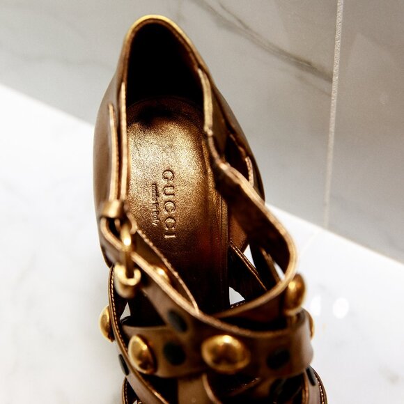 Gucci Babouska Gold Bronze Studded Open Toe Strappy Heels 38.5 / 8.5 - Picture 8 of 17